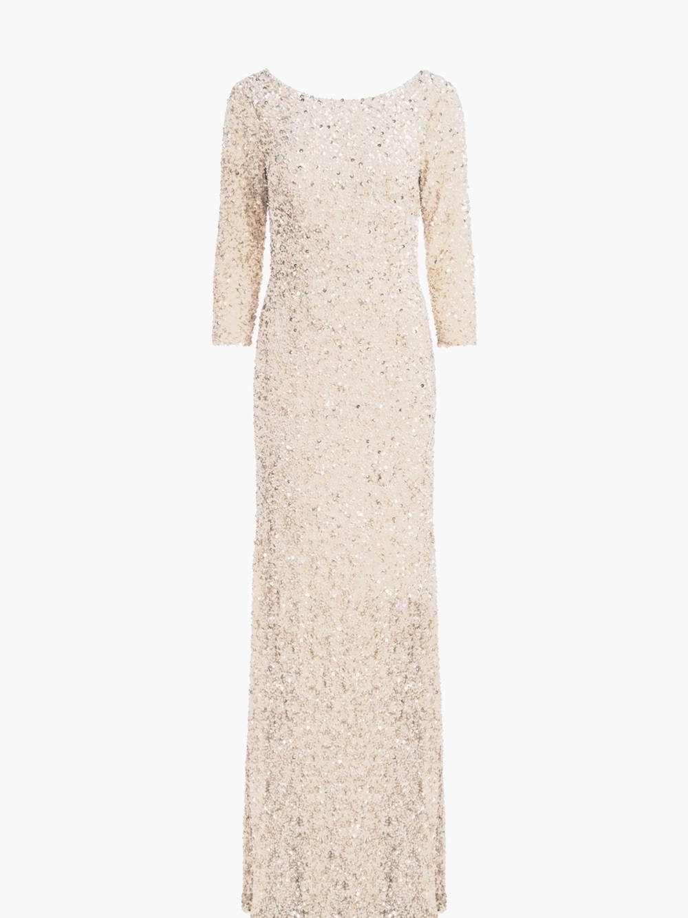 Theia Champagne Sequin Sheath Three Quarter Sleeve Gown